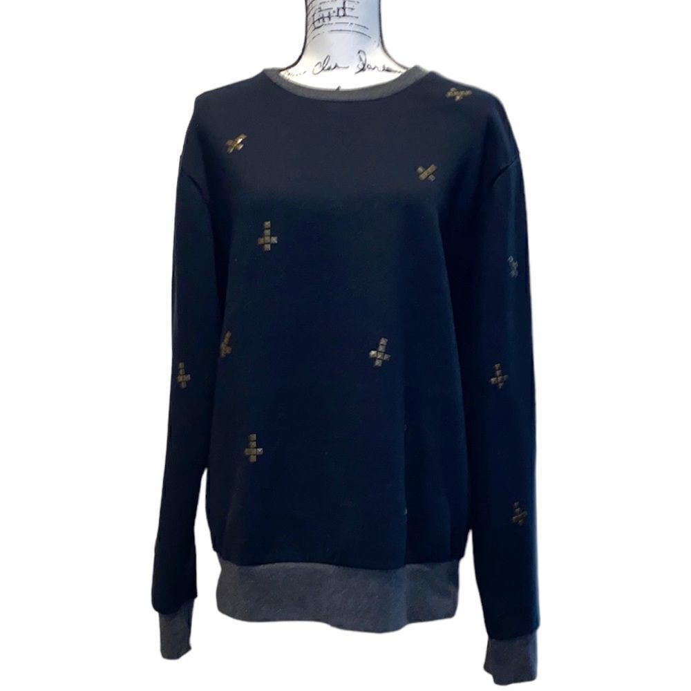 Urban Outfitters The Narrows Metal Stud Crosses Black & Gray Ringer Sweatshirt